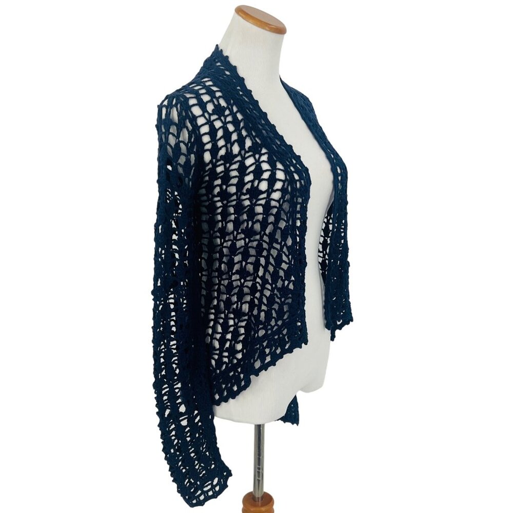 Vtg Y2K Anthropologie Navy Blue Crochet Open Cardigan | Coastal Grandma Indie M - Picture 7 of 15